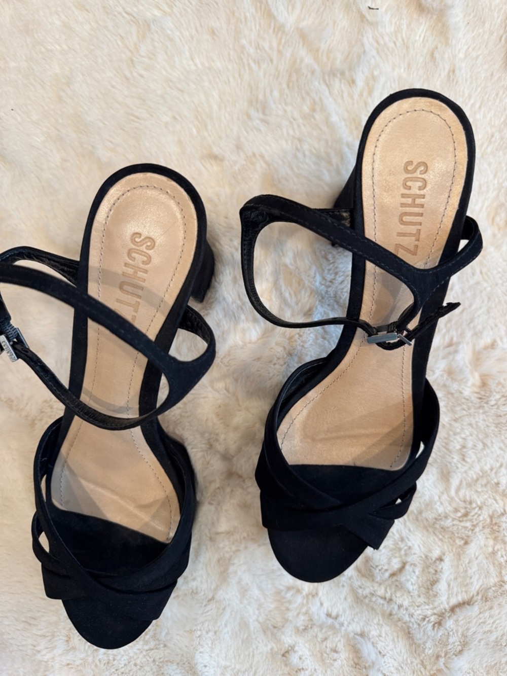 SCHUTZ Black Suede Strappy Block Heel Sandals